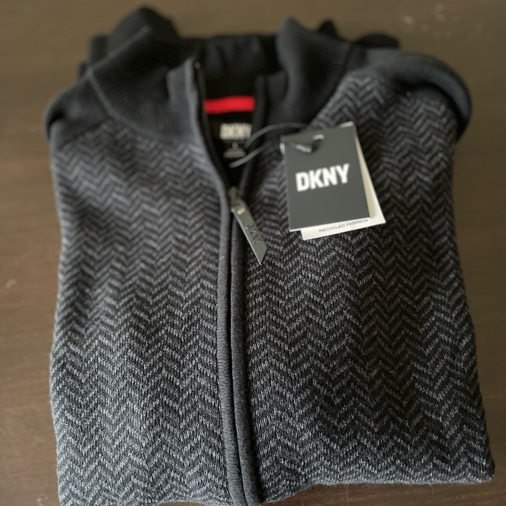 DKNY Mens cardigan, full zip, size L, black/gray herringbone front, black back.